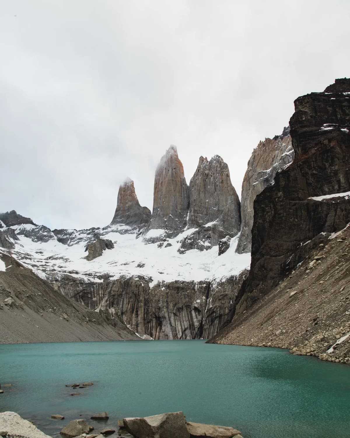 The granite towers of Torres del Paine above a glacial lake